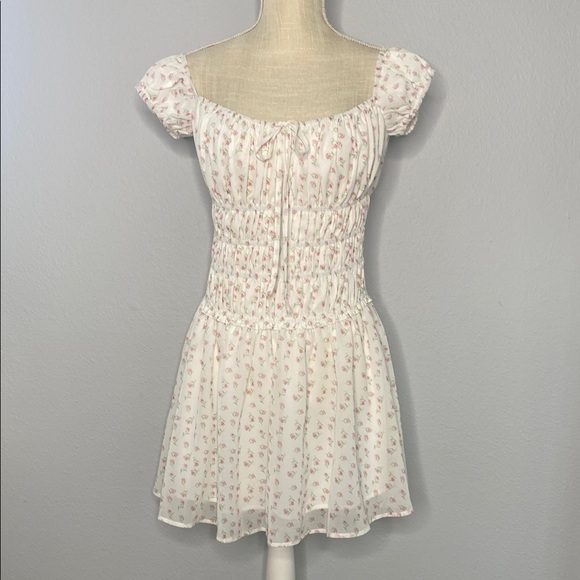 PEPPERMAYO Total Bliss Shirred Off-Shoulder White Floral Mini Dresses - Picture 3 of 8